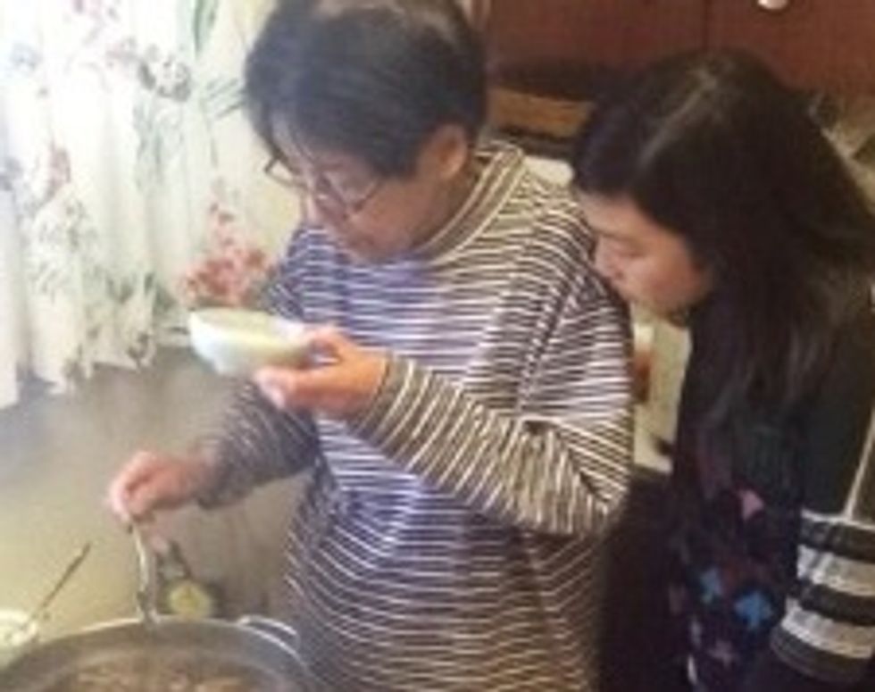 Taste broth and add sake, mirin, soy sauce as necessary. Drink any reserved sake!
