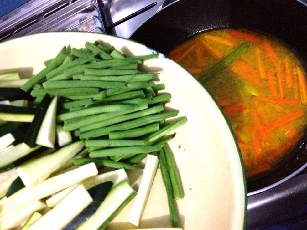 Taste taste taste ... and when u find some sweet and sour kick, set the heat in medium and add in the cucumber or zucchini, and the baby beans