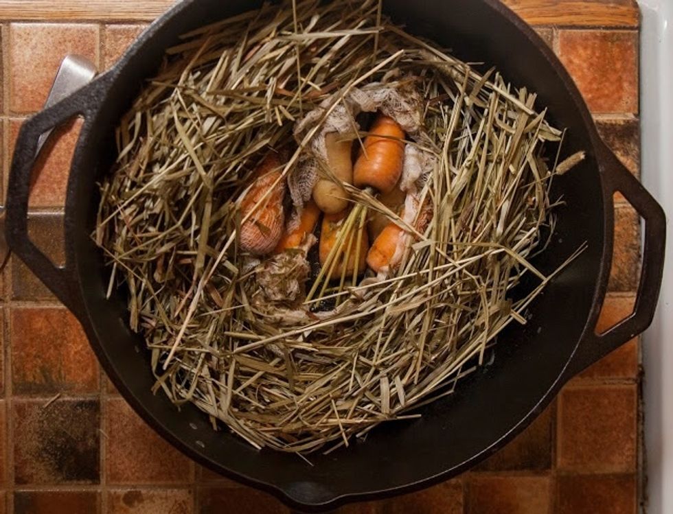 Taste test your pesto. When you're happy with the results, set it aside.  When the vegetables are done take the lid off of the pot. The carrots and potatoes should be fork tender.
