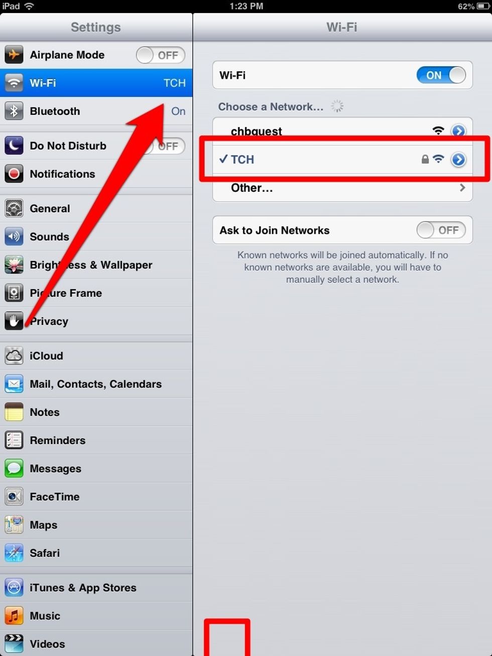 TCH will be displayed in the Wi-FI box. This confirms you are on the internal Wi-FI rather than the chub guest Wi-Fi.