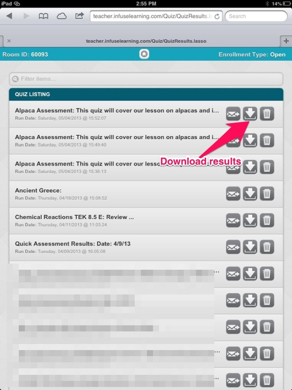 Teacher View: assessment results can be emailed, downloaded, or deleted.