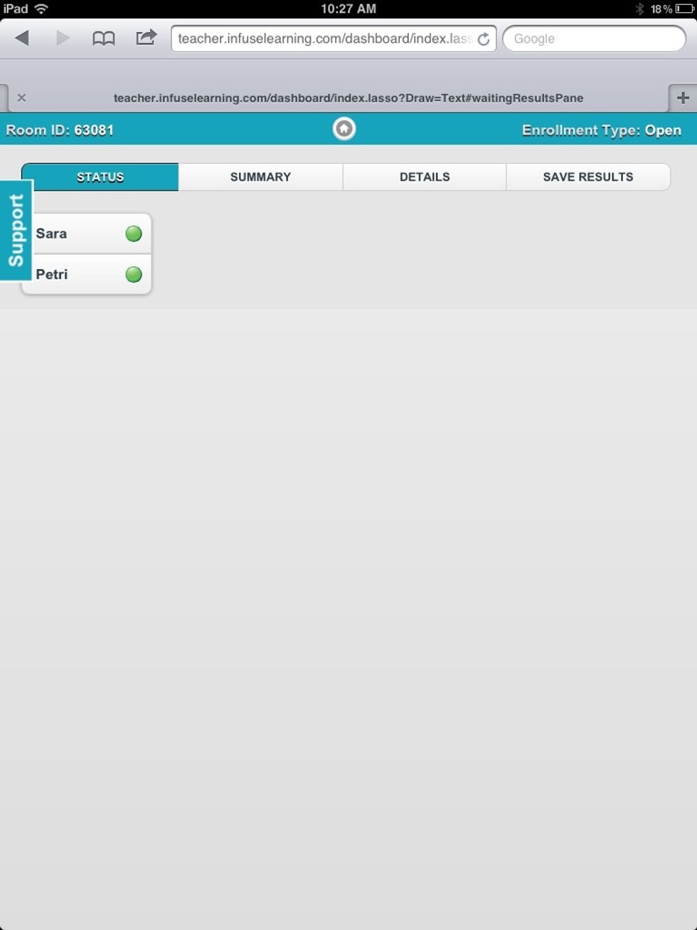 Teacher View: Connected students are displayed under the "status" tab. Students will appear grayed out when they have submitted a response.