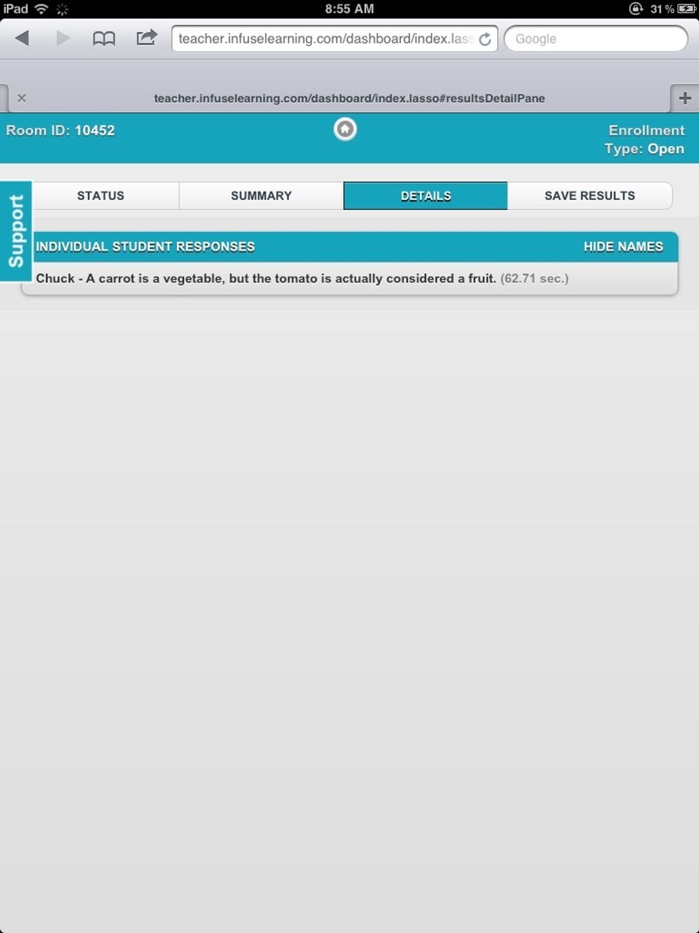 Teacher View: Just like other question types, teachers can review student response details and save results.