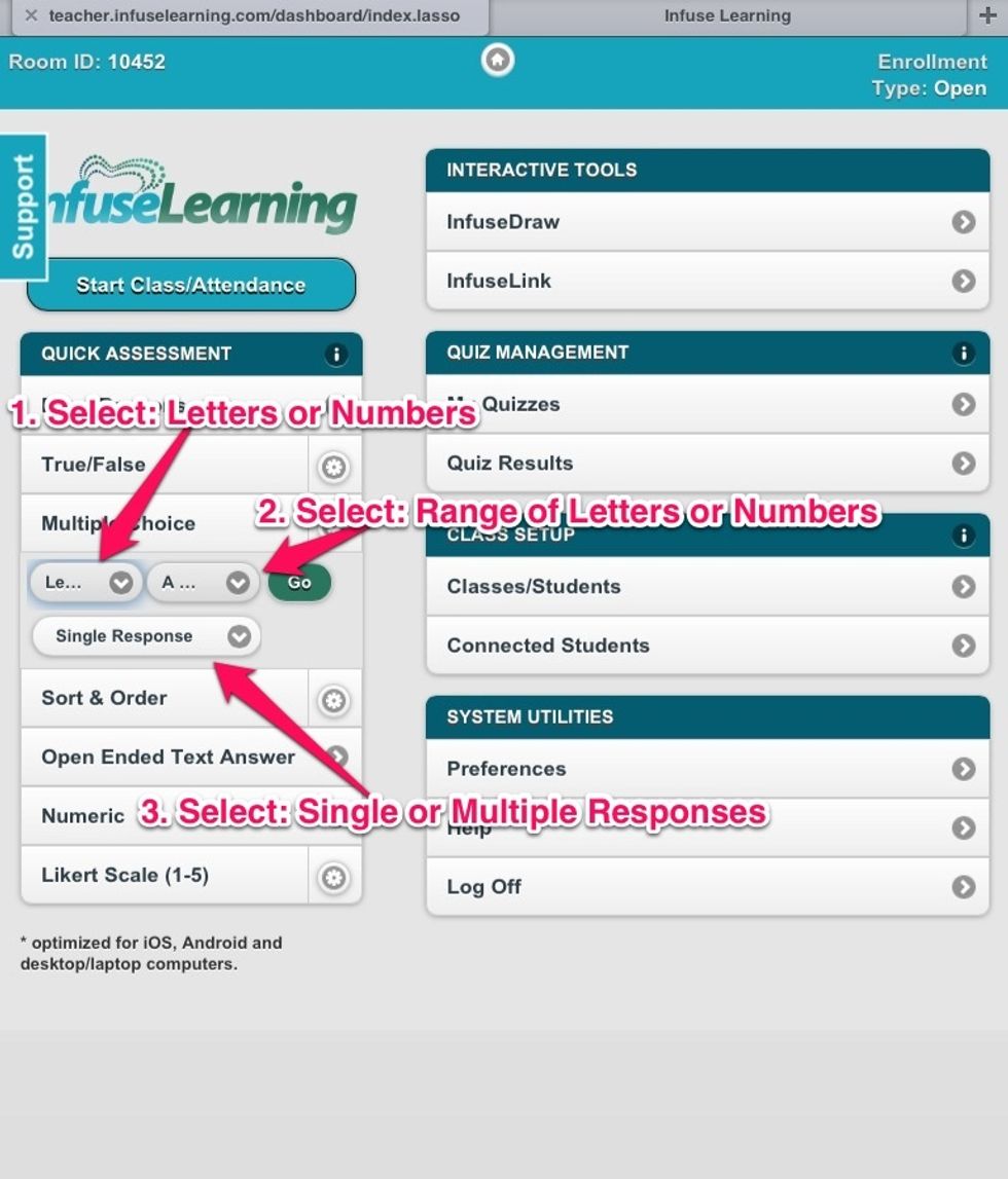 Teacher View: Select desired options for Multiple Choice questions from the drop-down menus. Press "Go" to send the response choices to student devices.