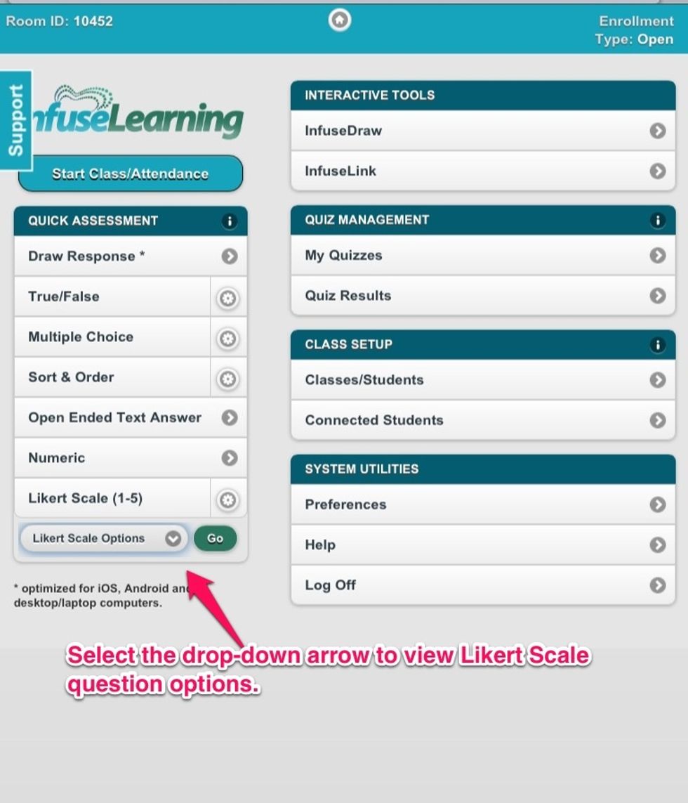 Teacher View: Select the drop-down arrow to view and select Likert Scale options.