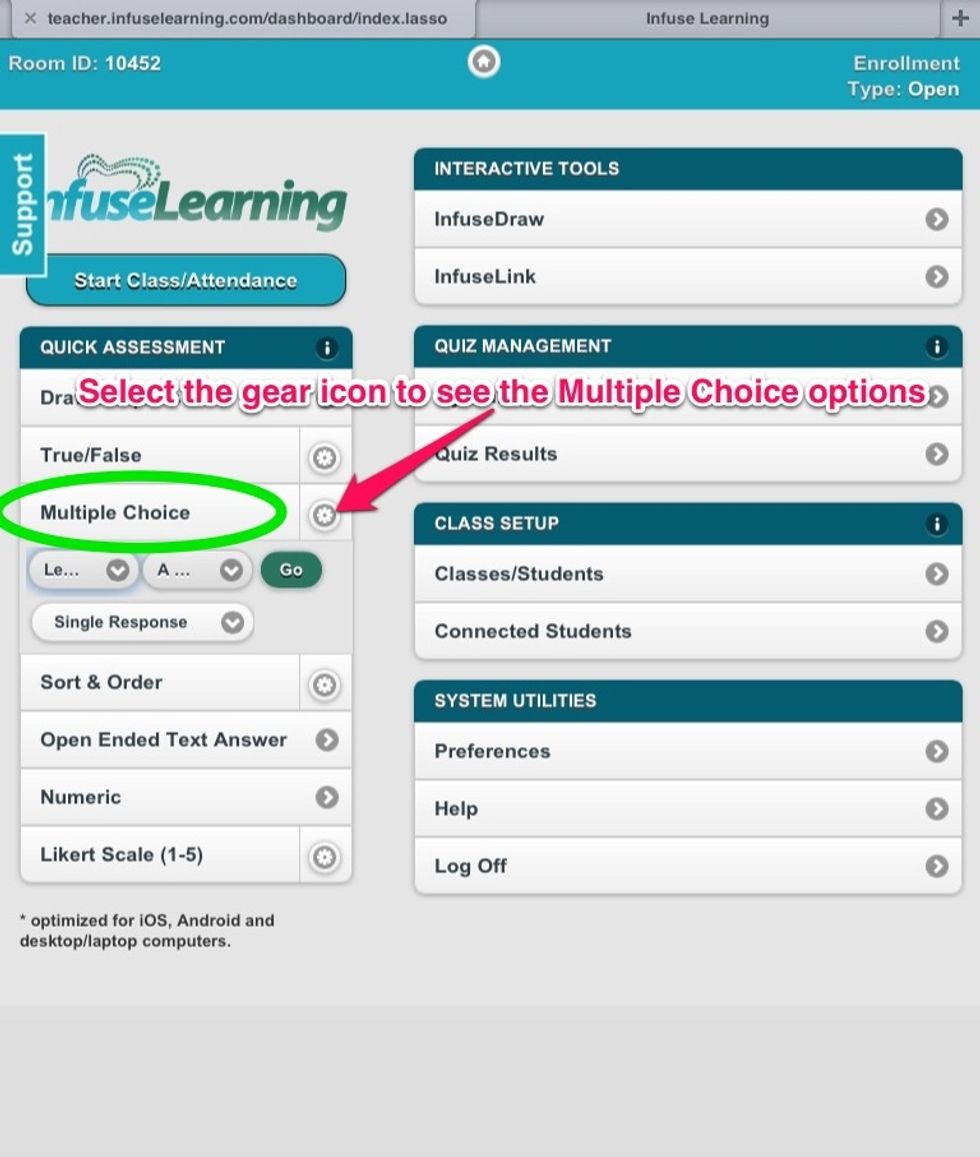 Teacher View: Select the gear to review options for a Multiple Choice question.