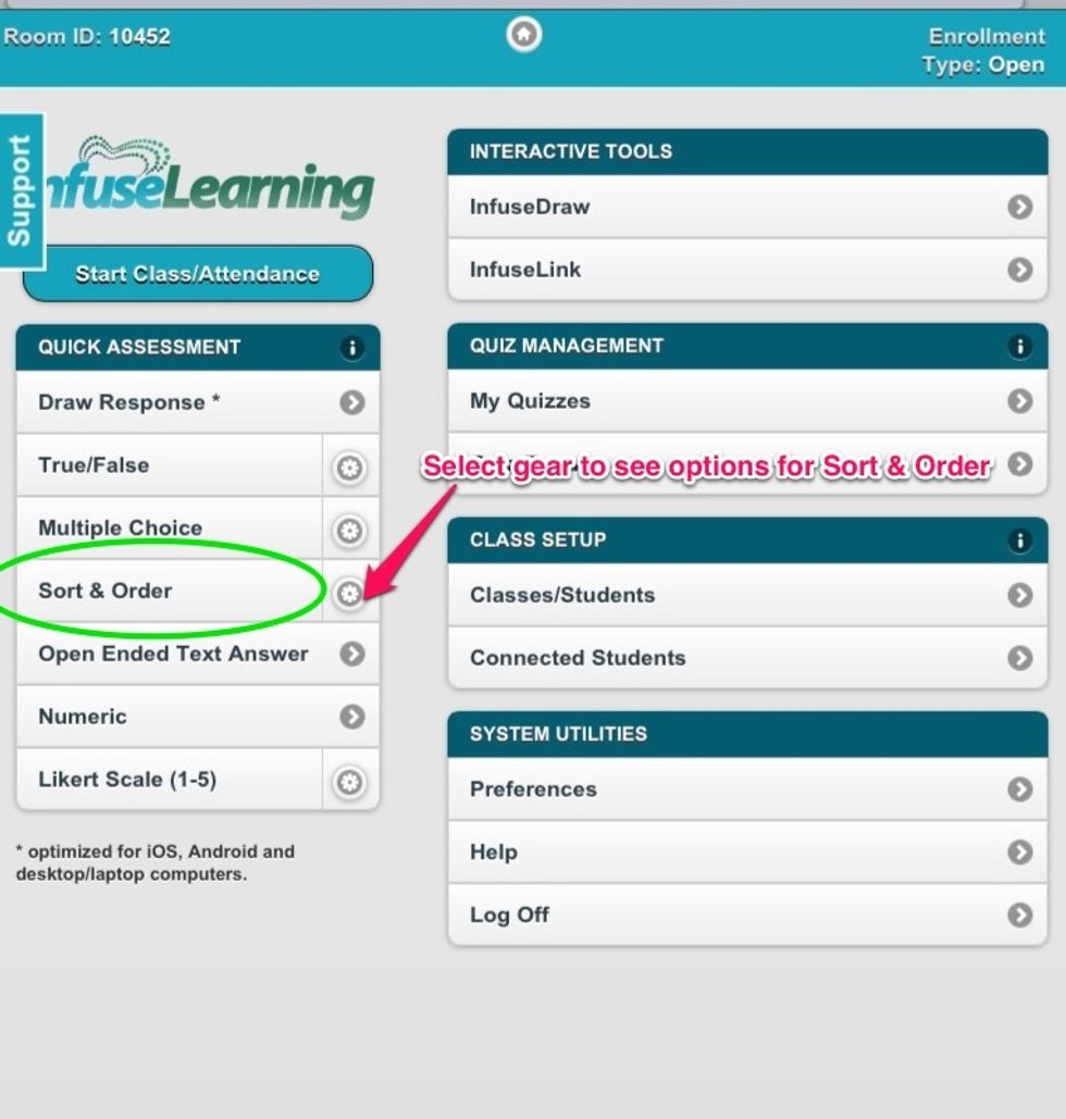 Teacher View: Select the gear to review options for a Sort & Order questions.