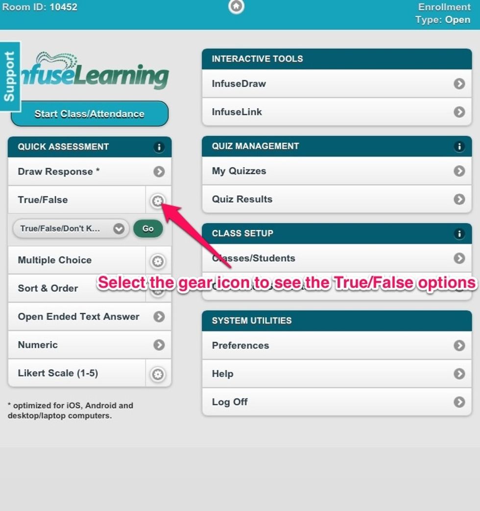 Teacher View: Select the gear to review options for the True/False question. Press "Go" to send response options to student devices.