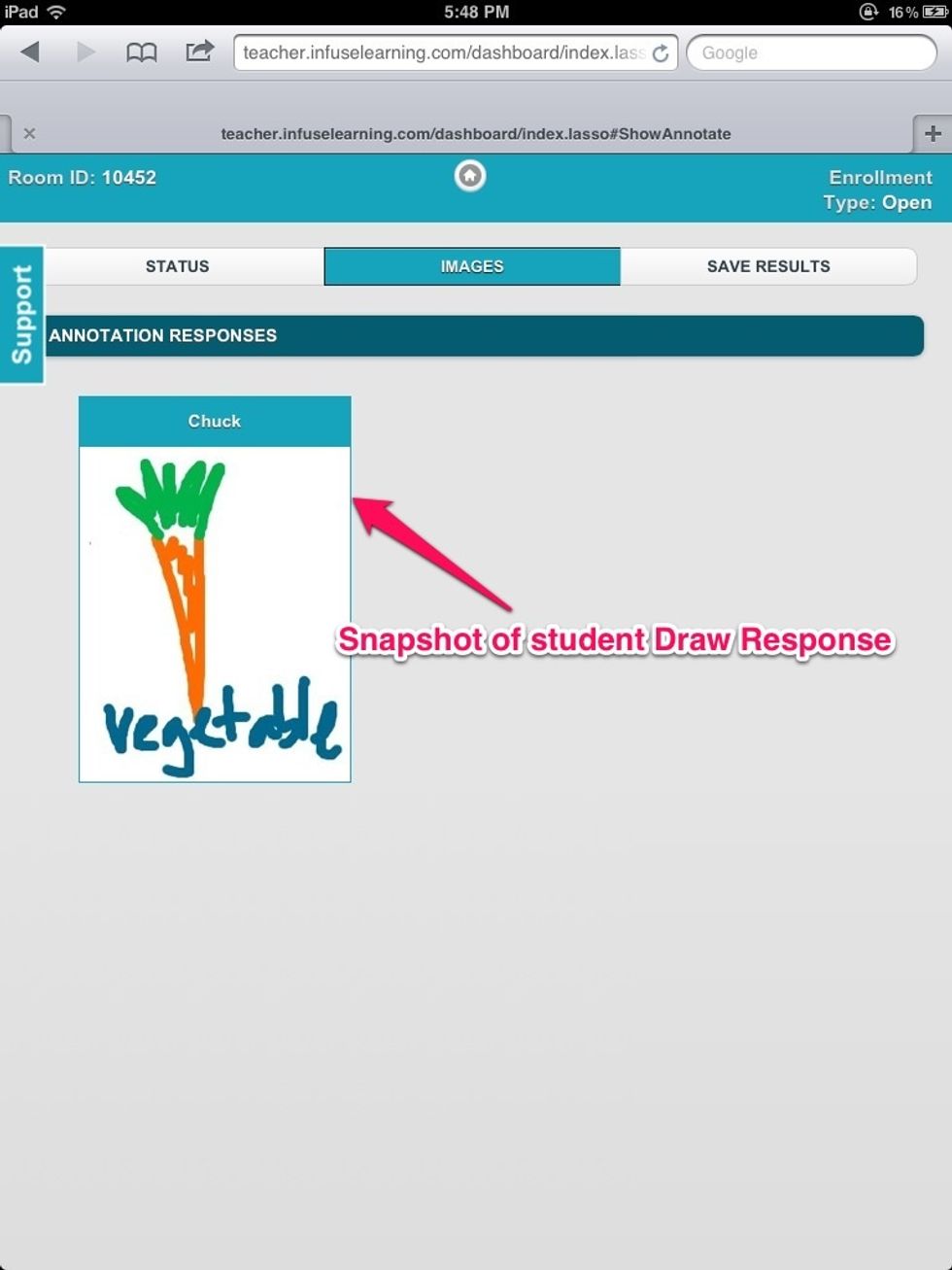 Teacher View: Under "Images" teachers can view snapshots of students' Draw Responses. These images appear in real time as students respond.