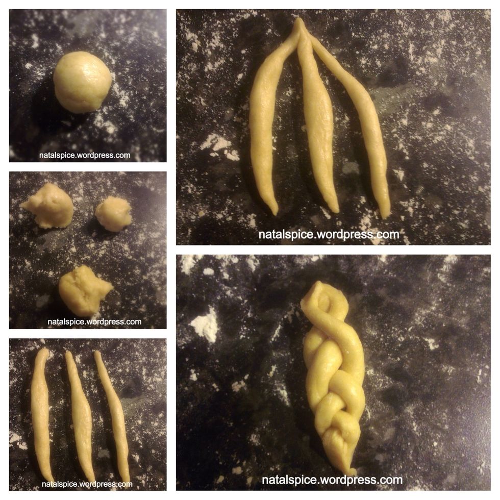 Tear a teaspoon sized piece of dough and roll into a ball. Divide the ball into 3 and roll into long pieces. Attach all 3 pieces at the top and plait, and press together at the ends \ud83d\udd65