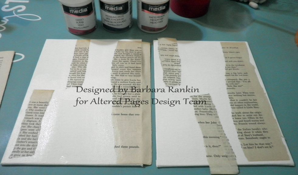 Tear and adhere strips of Vintage Text Pages using DecoArt Matte Medium. I worked on the covers side by side, keeping the back cover on the left and the front cover on the right.