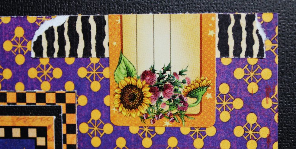 Tear pattern paper; adhere to top of card front with sticker.