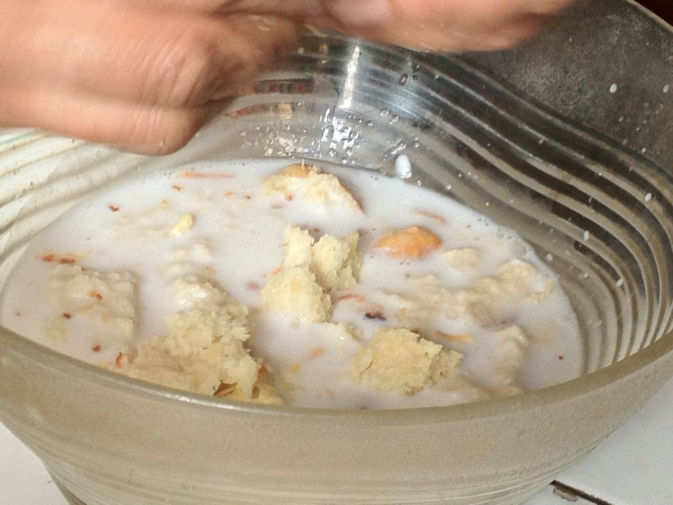 Tear the leftover bread into the bowl