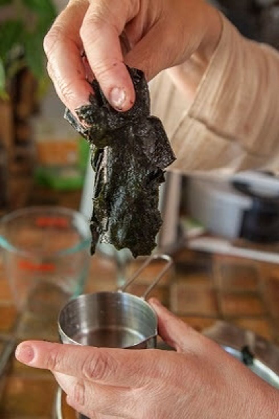 Tear the seaweed into pieces and soak it in water for about 1 minute to rehydrate it.