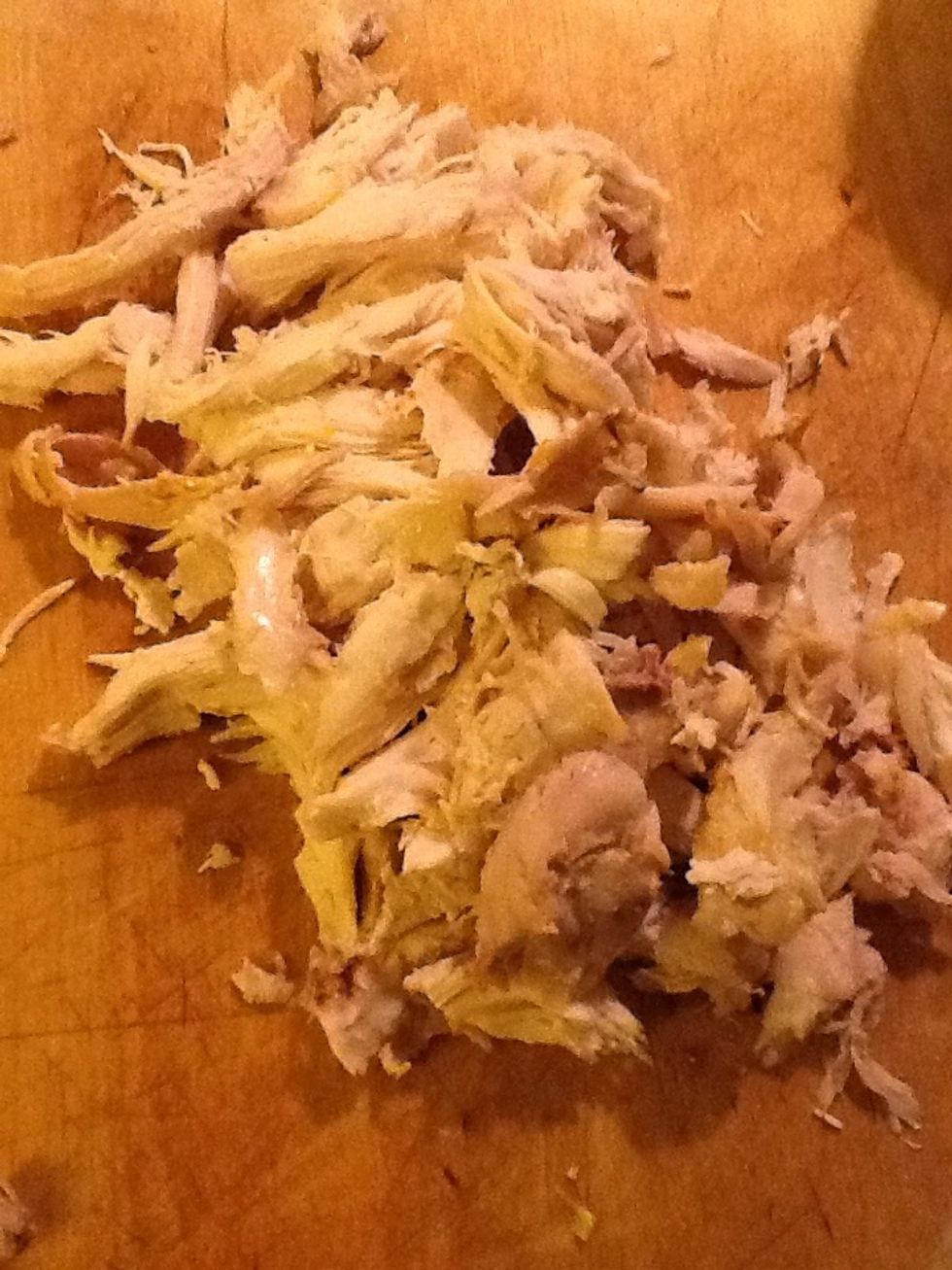 Tear up some leftover chicken into bit size strips. I always make this with leftovers from a roast.