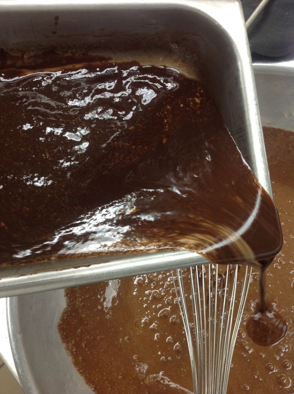 Temper and stir chocolate mixture into cocoa mixture.