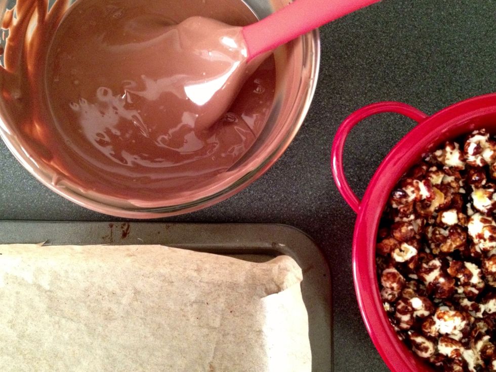 Temper your chocolate in a double boiler or microwave until just before melted then stir until completely melted. (If using bought caramel popcorn, add salt to chocolate at this stage if you wish).