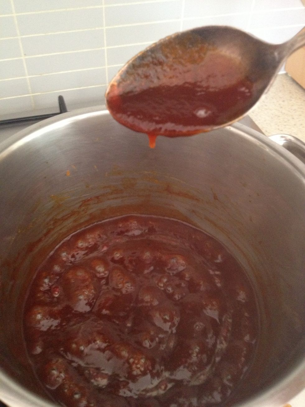 Test the thickness on a spoon. It's really up to you how thick you want your sauce. This is still a little runny for me. Keep cooking until it is the consistency you want.
