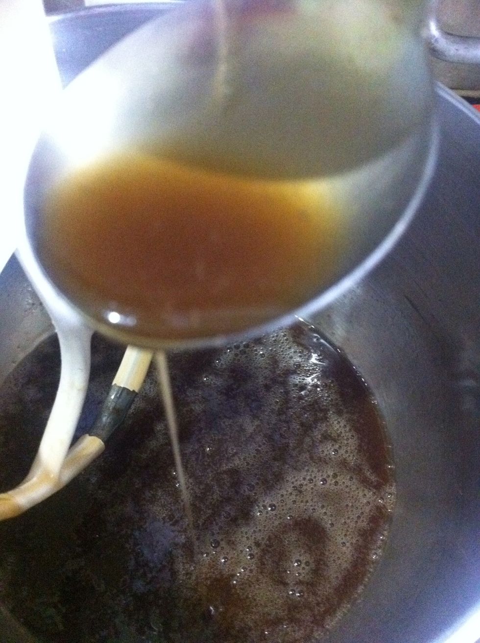 Texture will be like this after mixing the egg to the caramel mixture.