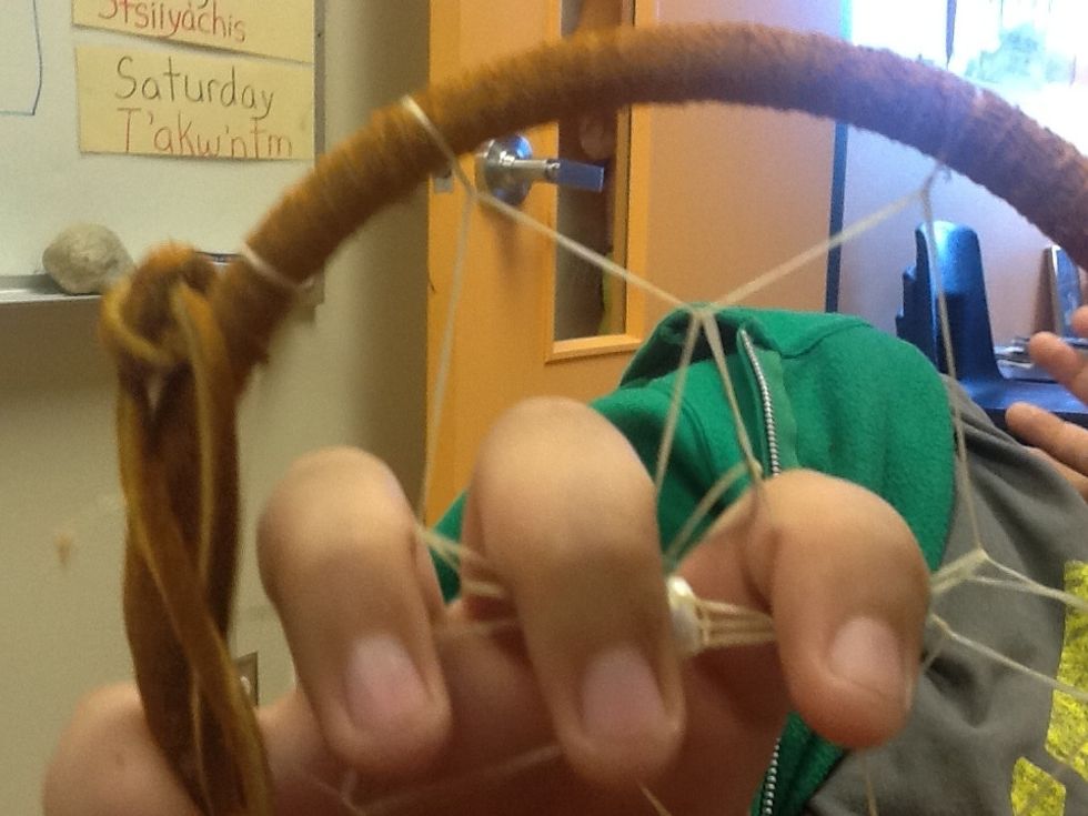 Than you take the sinew and go half way between the two points and wrap it over the top and keep repeating the process.