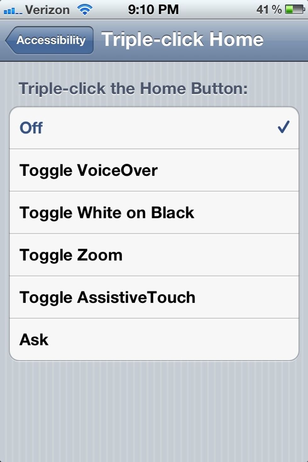 Than you will see these set of options. Click "Toggle zoom" and when you hit the home button three times it will zoom on whateer you please :)