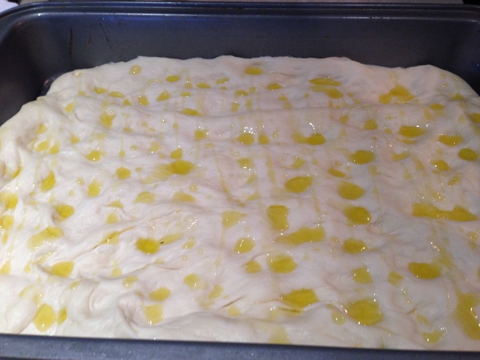 That dough looks ready. Using your fingertips make a whole bunch of dimples in the dough and drizzle some olive oil on top. It will pool nicely in the dimples.