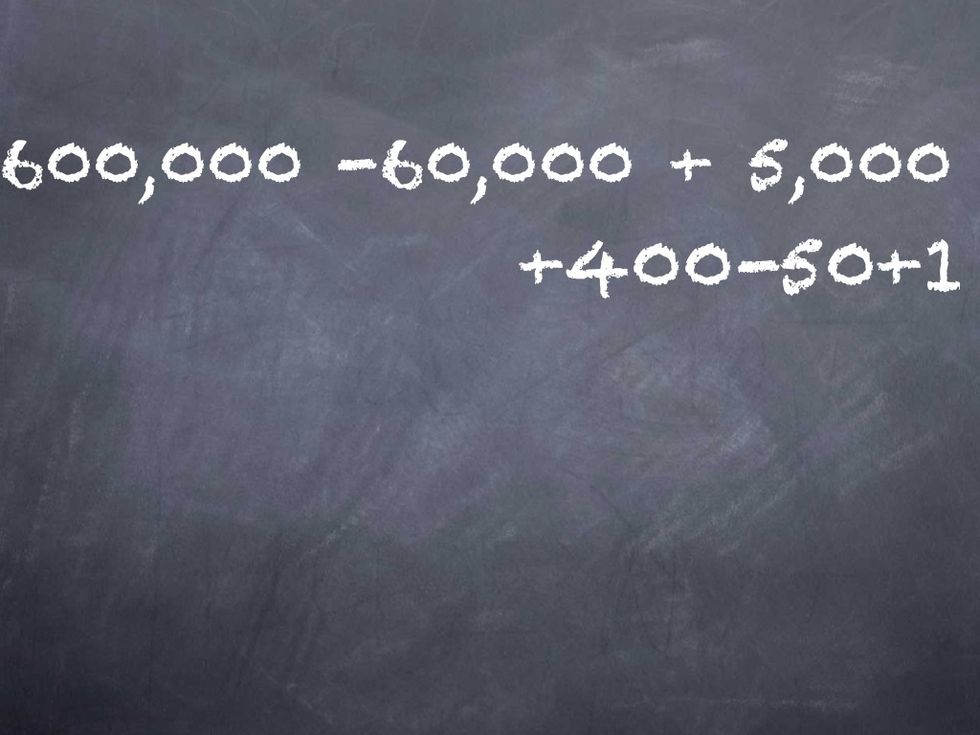 That's 600,000 - 60,000 + 5,000 + 400 - 50 + 1