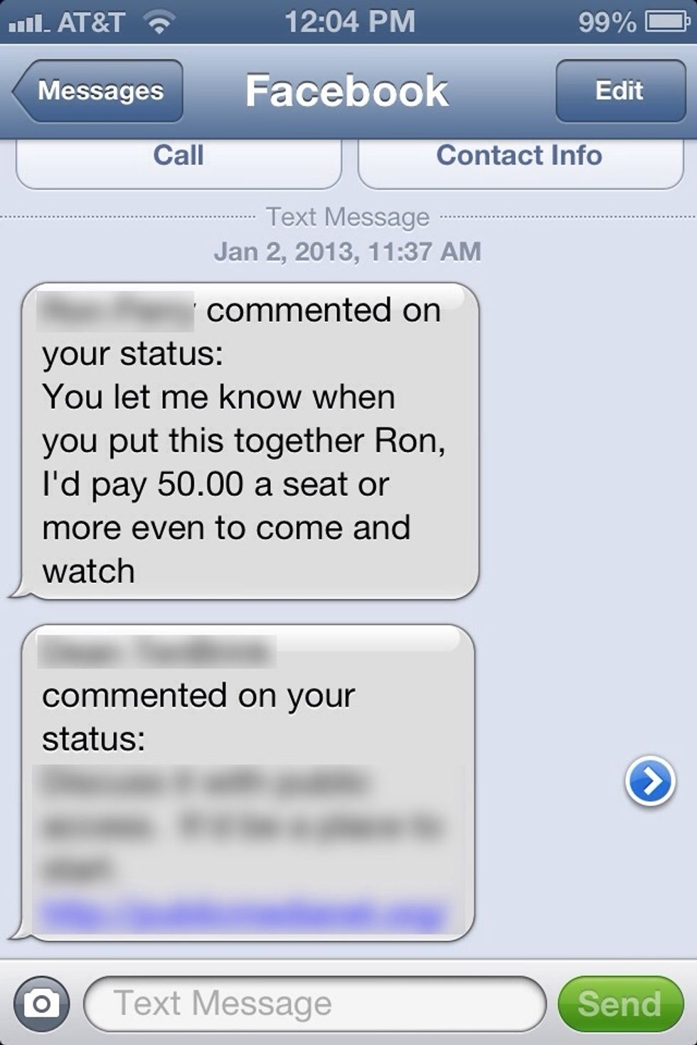 That's all there is to it. Add the Facebook number to a contact. I just named mine Facebook. Text to this number it'll post to your profile. And you'll receive your wall posts & comments vie text.