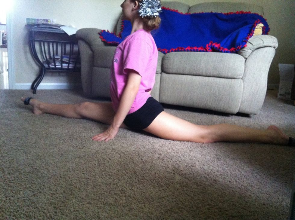 That's what splits should look like. If you don't have them all the way down don't push your body to do that. Just bring your body up a little bit and hold that. It takes lots of practice!