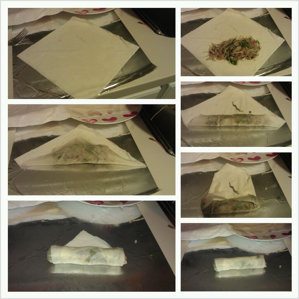 Thaw and gently pull the wraps apart so they won't rip but if they do, just roll it they way I did in the picture. Wrap tightly to avoid soggy egg rolls. No one wants soggy egg rolls!