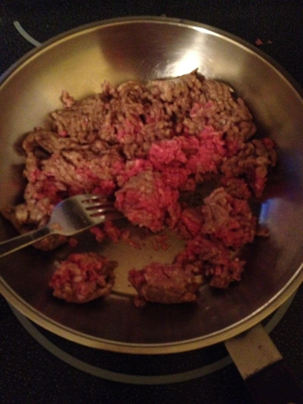 Thaw out ground beef for 4 hours. When thawed cut up the ground beef into pan