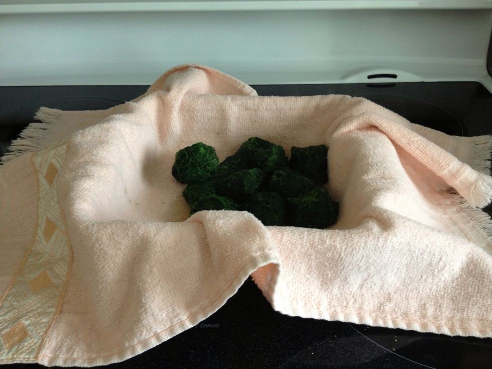 Thaw out spinach in microwave approximately 4 minutes, place in old towel or paper towels