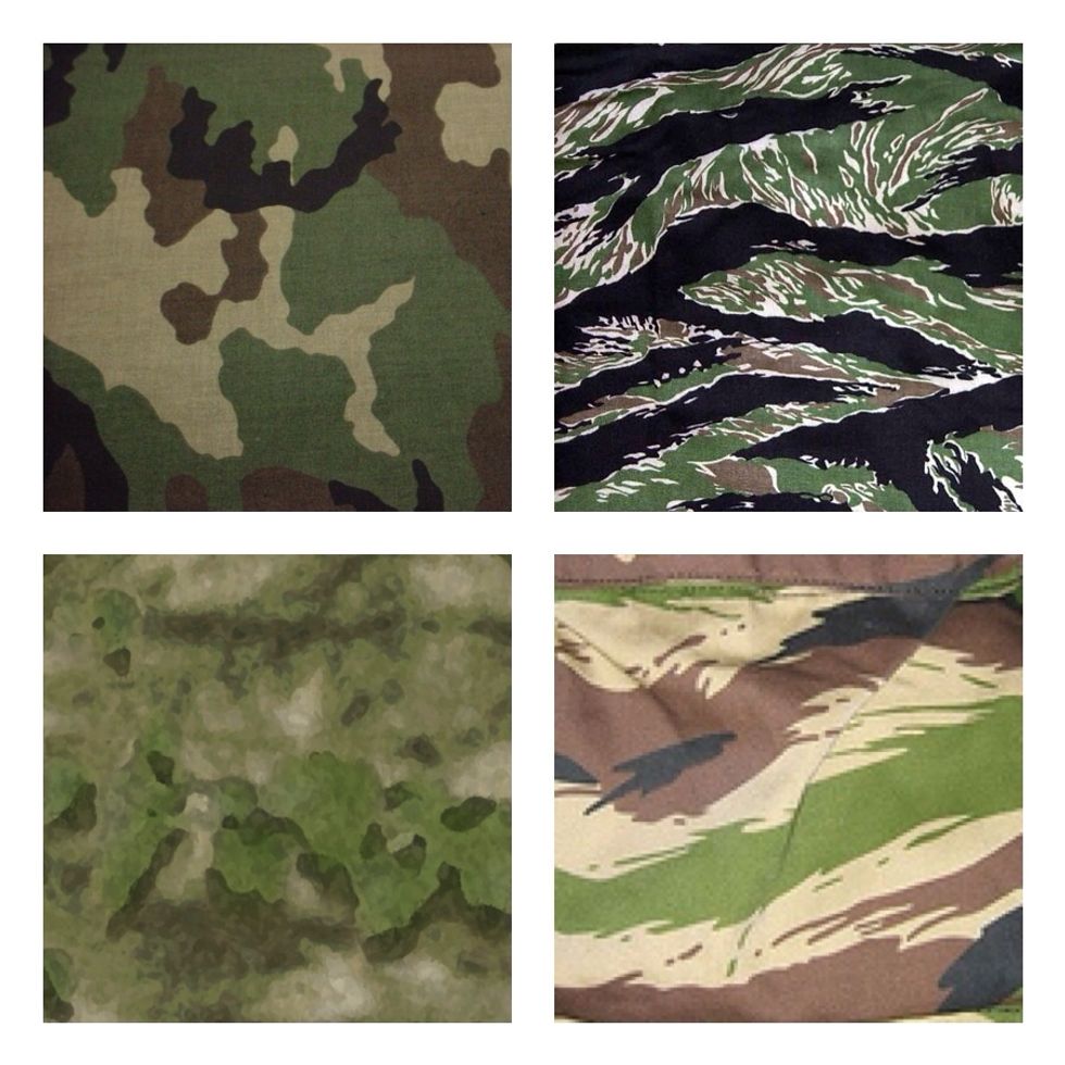 The 4 most common Green Camo patterns here in Colorado are shown above. Woodland, Tiger Stripe, A-Tacs FG and Russian Kamysh.