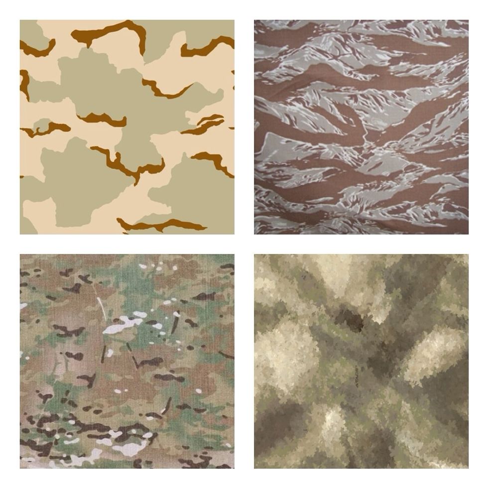 The 4 most common Tan Camo patterns here in Colorado are shown above. 3 Color Desert, Desert Tiger Stripe, Multicam and A-TACs.