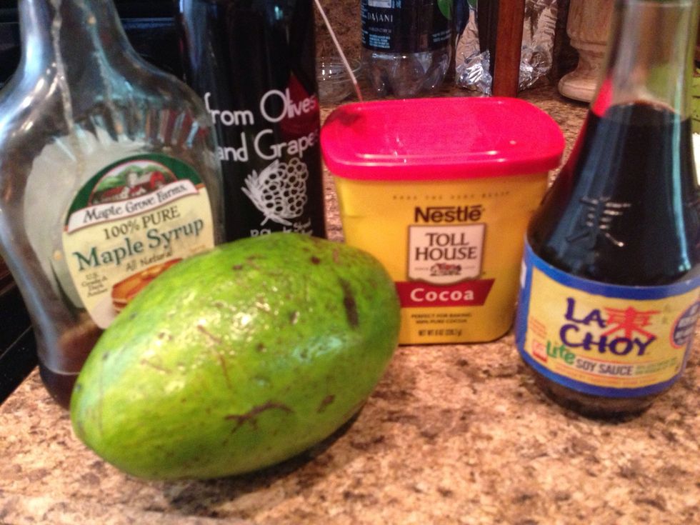 The 5 easy-to-find ingredients: avocado (we will be using 1/2 for 2 servings), a good balsamic vinegar, 100%cocoa powder (unsweetened!) and maple syrup. (You may substitute for agave or honey)
