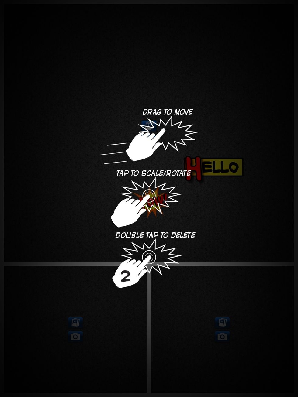 The above are the finger gestures to move, rotate, and delete text.