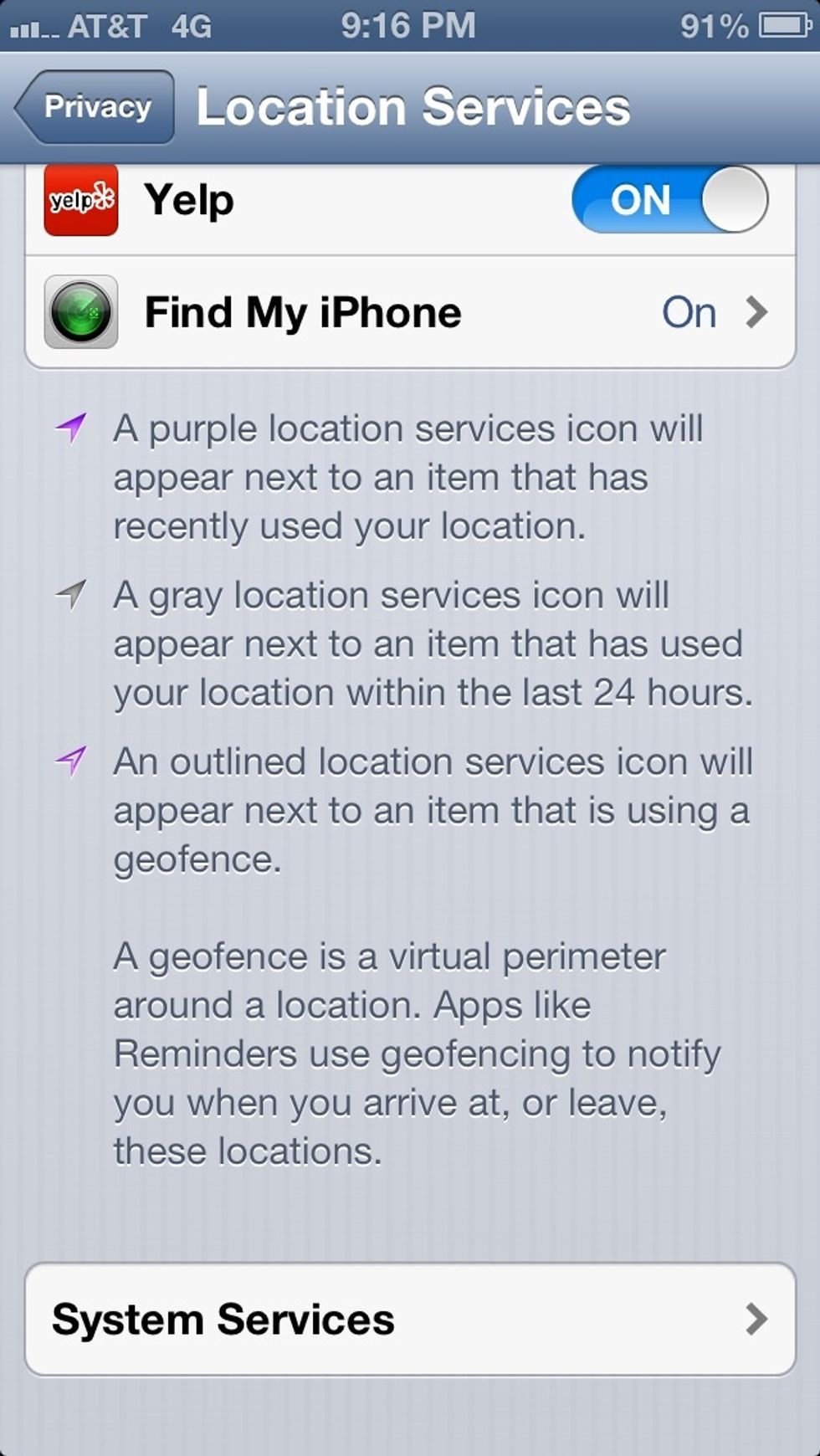 The additional selection pane is now shown. Tap on 'System Services'.