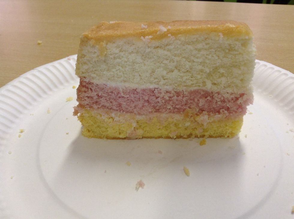 The angel cake represent the cliff. the cream above the pink layer is the high tide and the cream below the pink is the low tide.