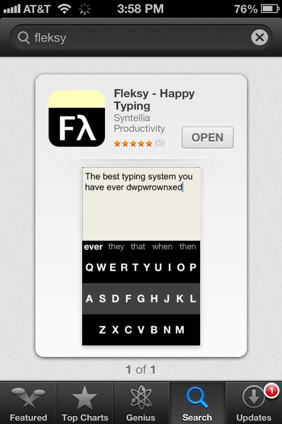 The app is called Fleksy. You can try it for free but the full version is currently $2.99. I ended up paying for the full version after trying it for about 15 minutes.