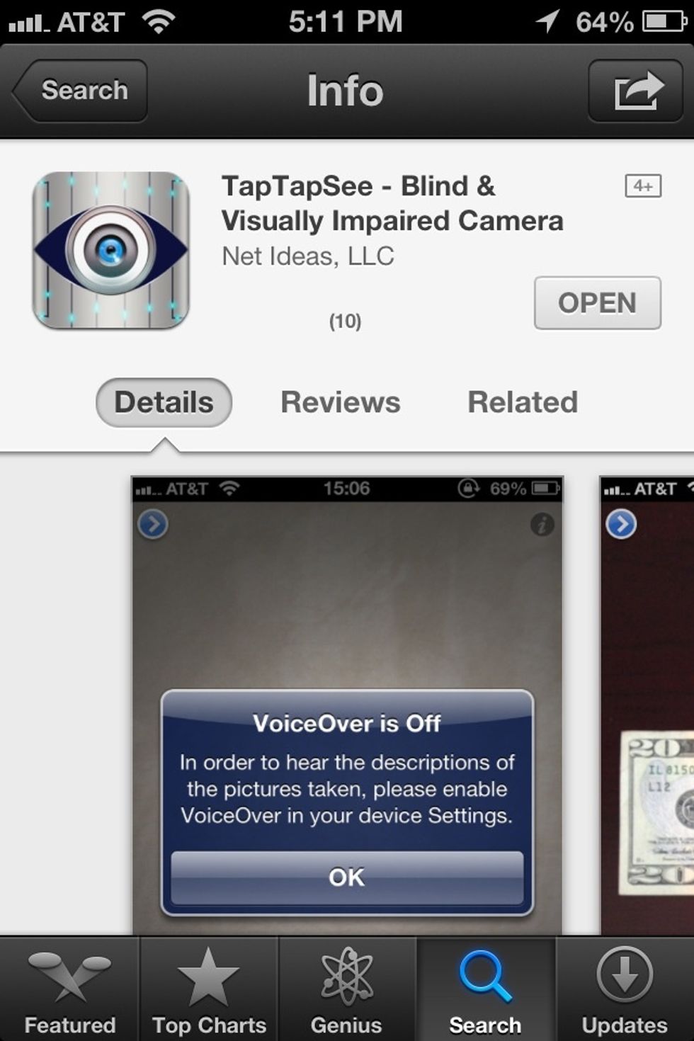 The app is called TapTapSee and its free in the AppStore. You just take a picture of an object and with in a few seconds it'll tell you what the object is with an audio voice.