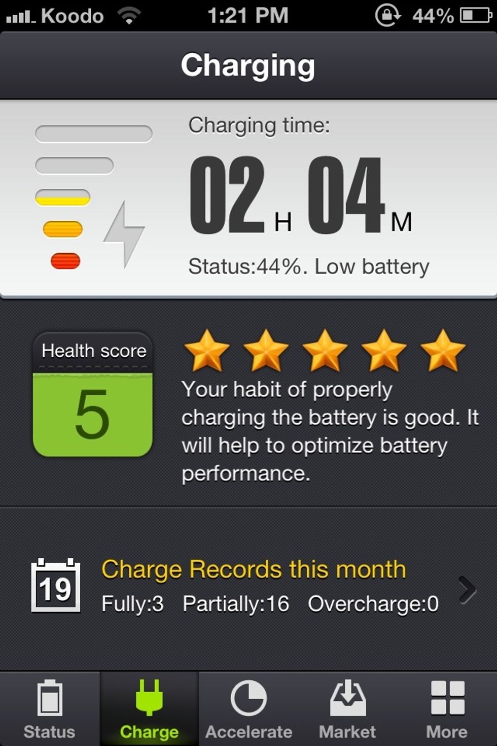 The app tells you how long it would take to charge, and gives you a rating with stars about how well you charge and maintain your battery, giving you a better and longer battery in the long run!