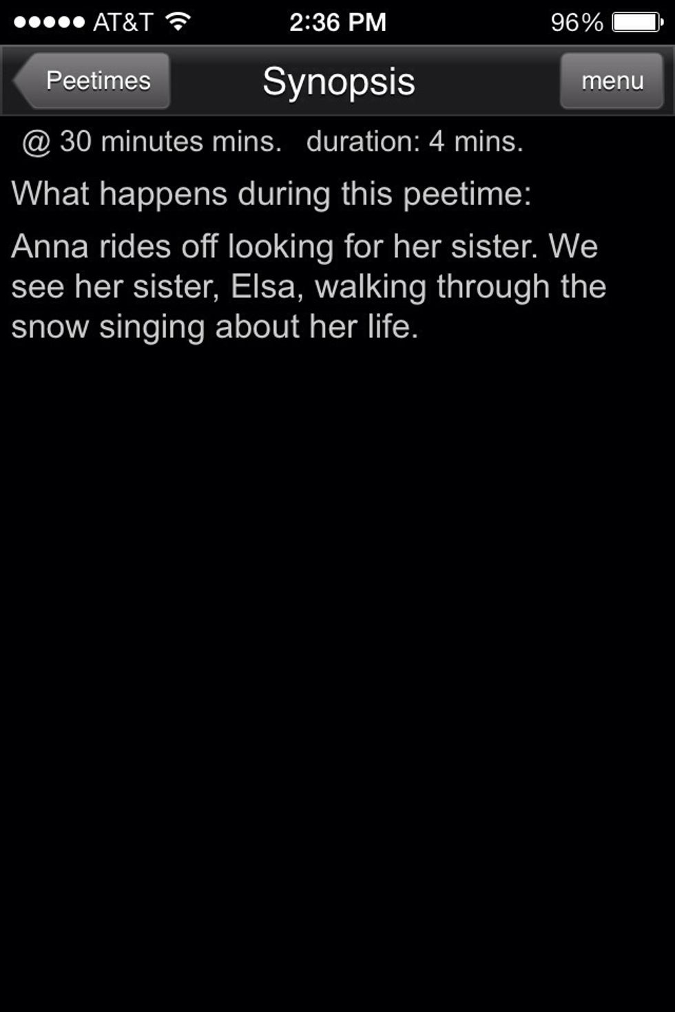 The app will also describe what you'll miss during your trip to the restroom. They're usually just time filler moments in movies.