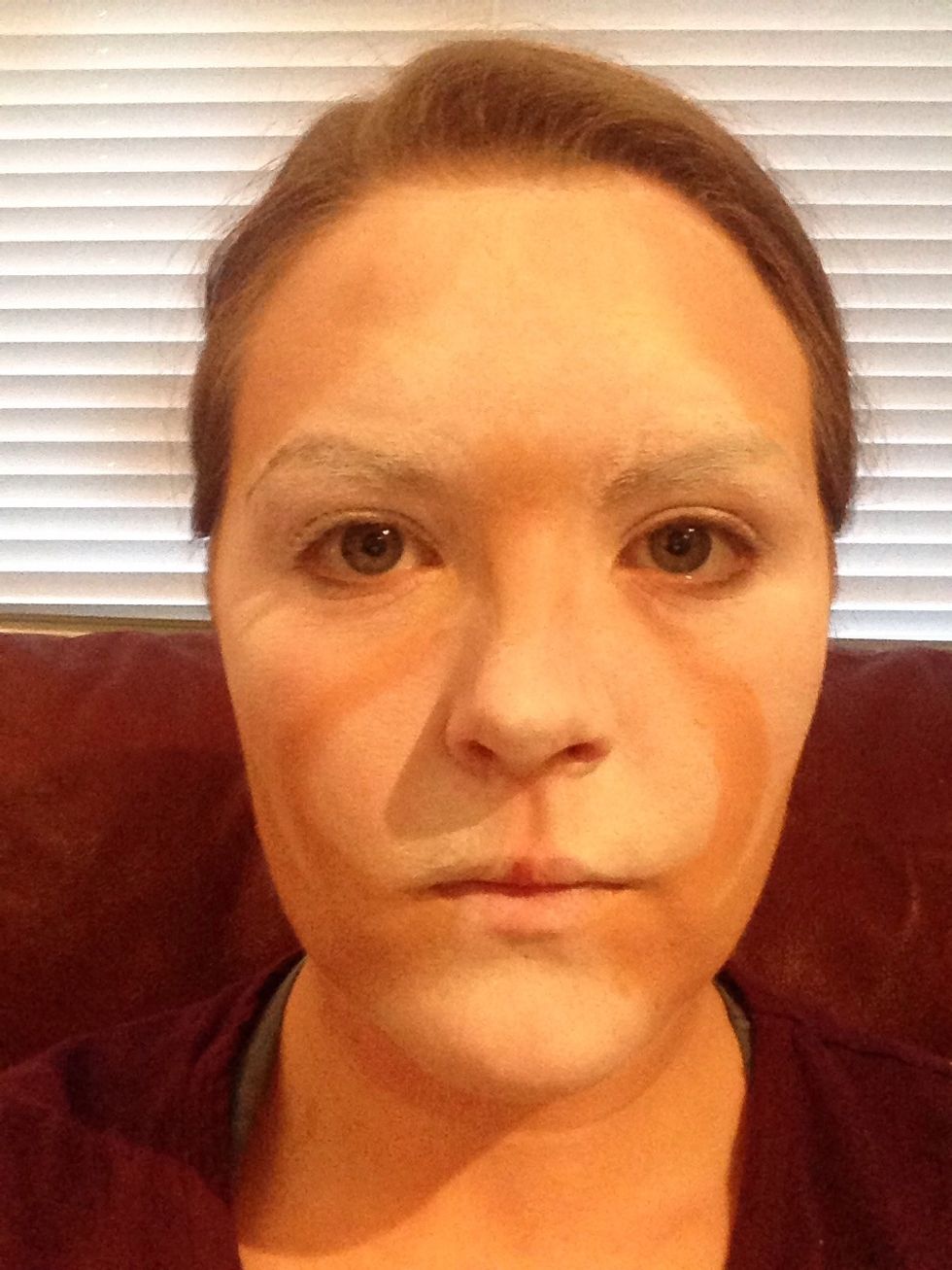 The apply some darker face paint or foundation on the side of your forehead, and the bridge of the nose.