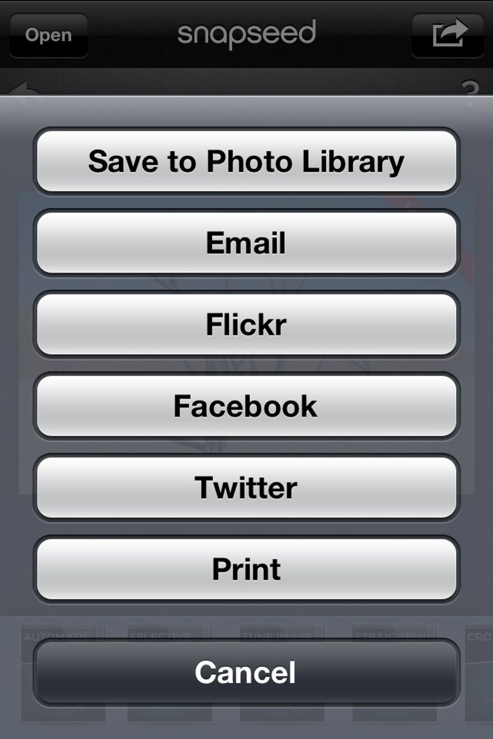 The arrow in the upper right reveals the "Share" menu.