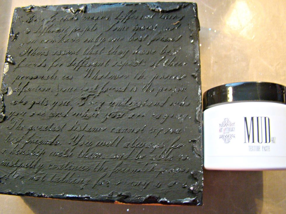 The back of the box I used Mud Texture Paste and ran it through a script stencil. Paint black gesso over the top.