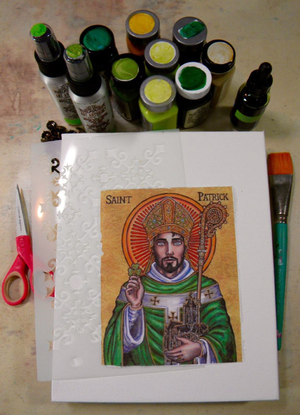 The background of this canvas will be gold and green. The canvas is deep edge 8" x 10". The image was obtained from the internet and printed on copy paper.