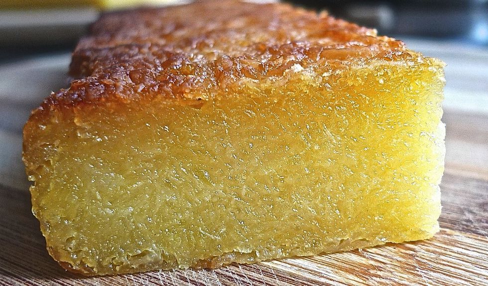 The baked golden tapioca cake is semi-soft and moist with a springy, elastic texture. The caramelized top and edges of the tapioca cake after it's baked has such a special and inviting taste.