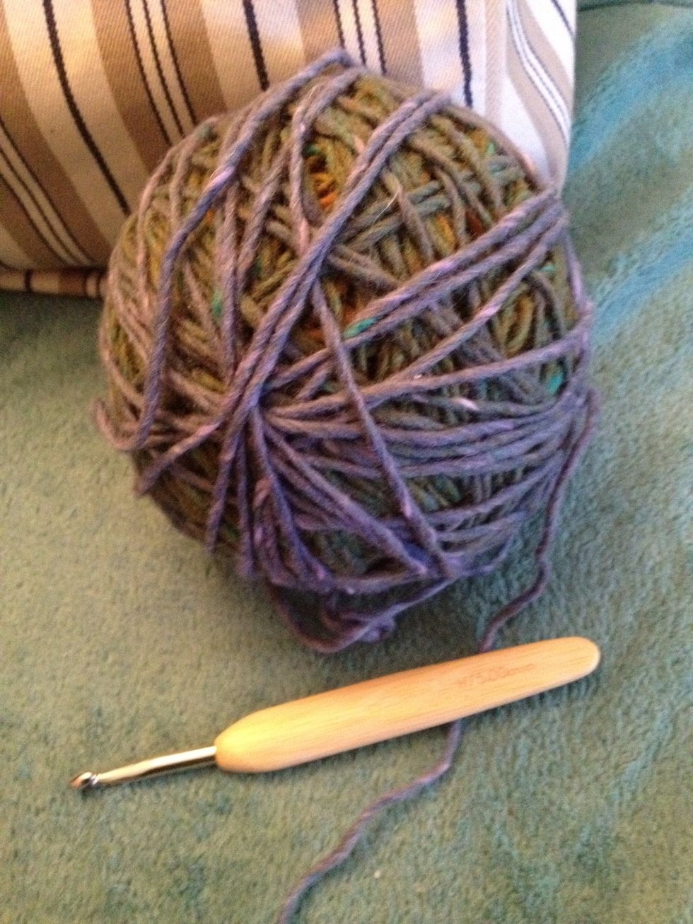 The basics: yarn and hook. Choose an appropriate hook size for your yarn weight. Worsted weight needs 5mm at least. (this hook is a Chiaogoo bamboo handle- very comfy and ergonomic)