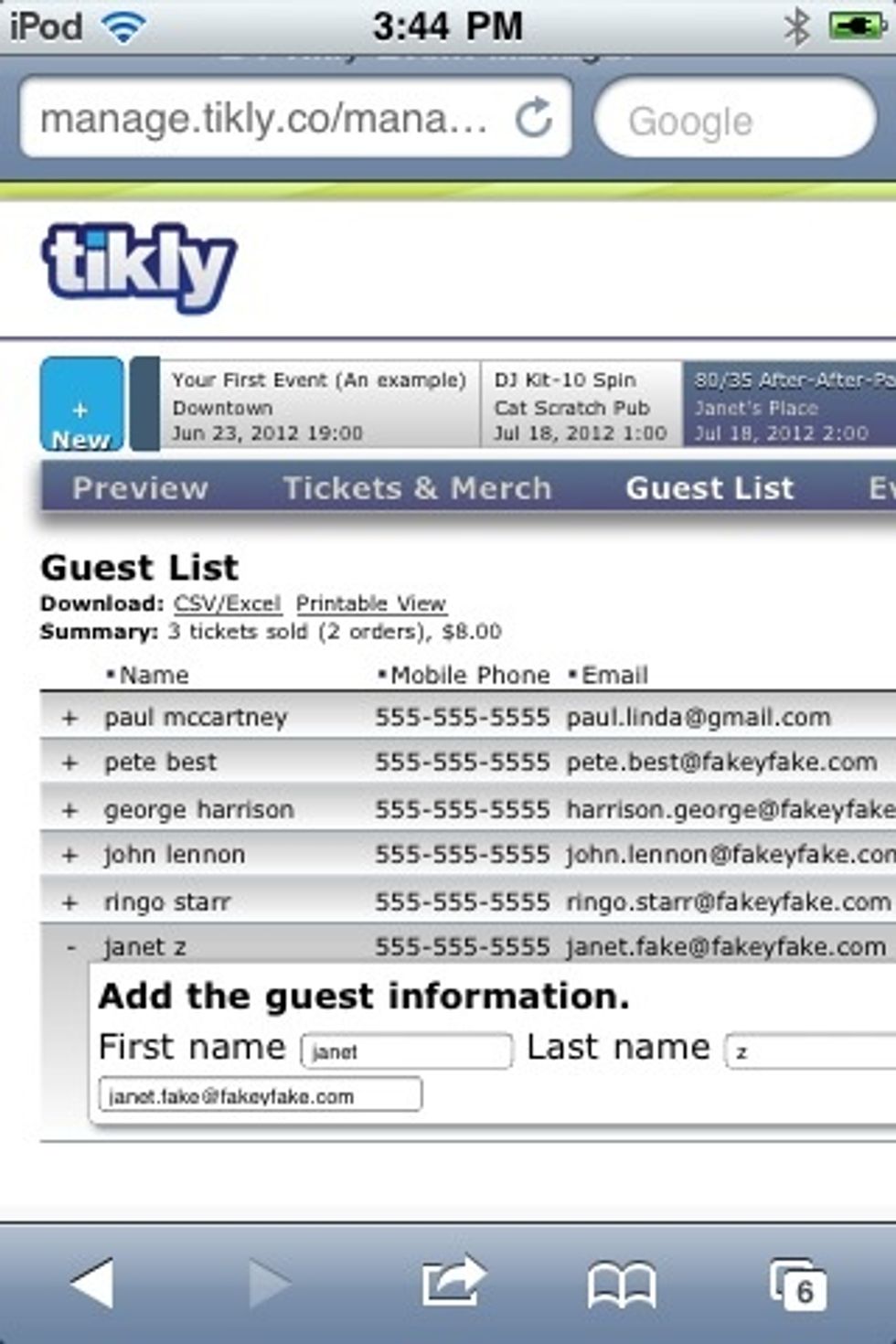 The black plus sign to the left of each guest allows you to add/edit guest info. Remember, only use this info for purposes related to a guest's order.