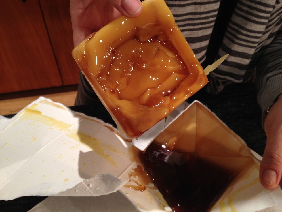 The block of wax will be sticky with honey on the bottom side.